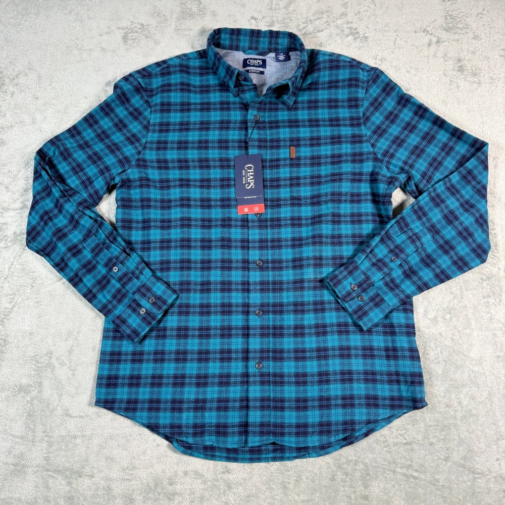 Chaps Mens Large Flannel Shirt Teal Navy Blue Plaid Stretch Long Sleeve NEW